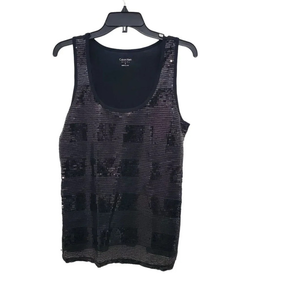 Calvin Klein Women's Black Quick Dry Full Sequin‎ Front Sleeveless Tank Top Sz S - Picture 1 of 5